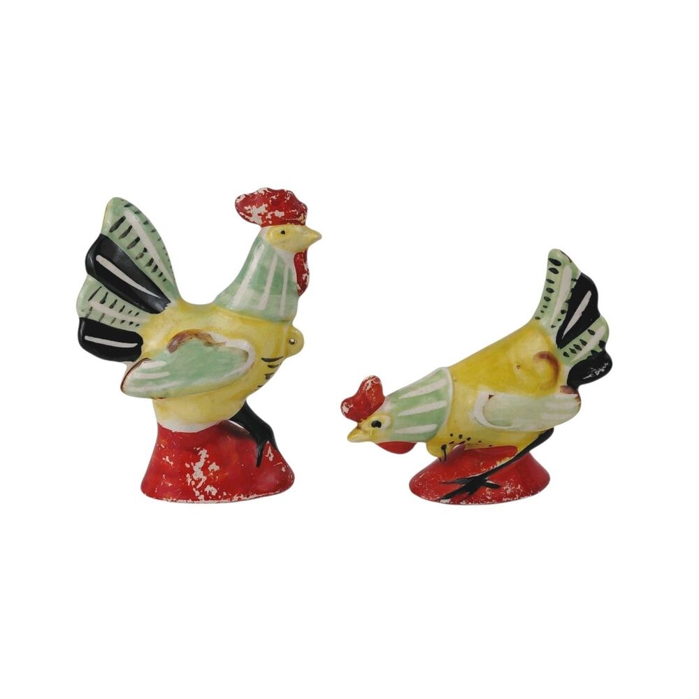 Vintage Ceramic Rooster & Hen Figurines Kitchen Decor Yellow Green Farmhouse